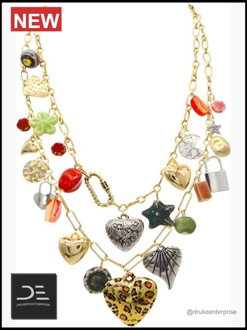 Chunky Layer Heart Charm Necklace with Pendant Links